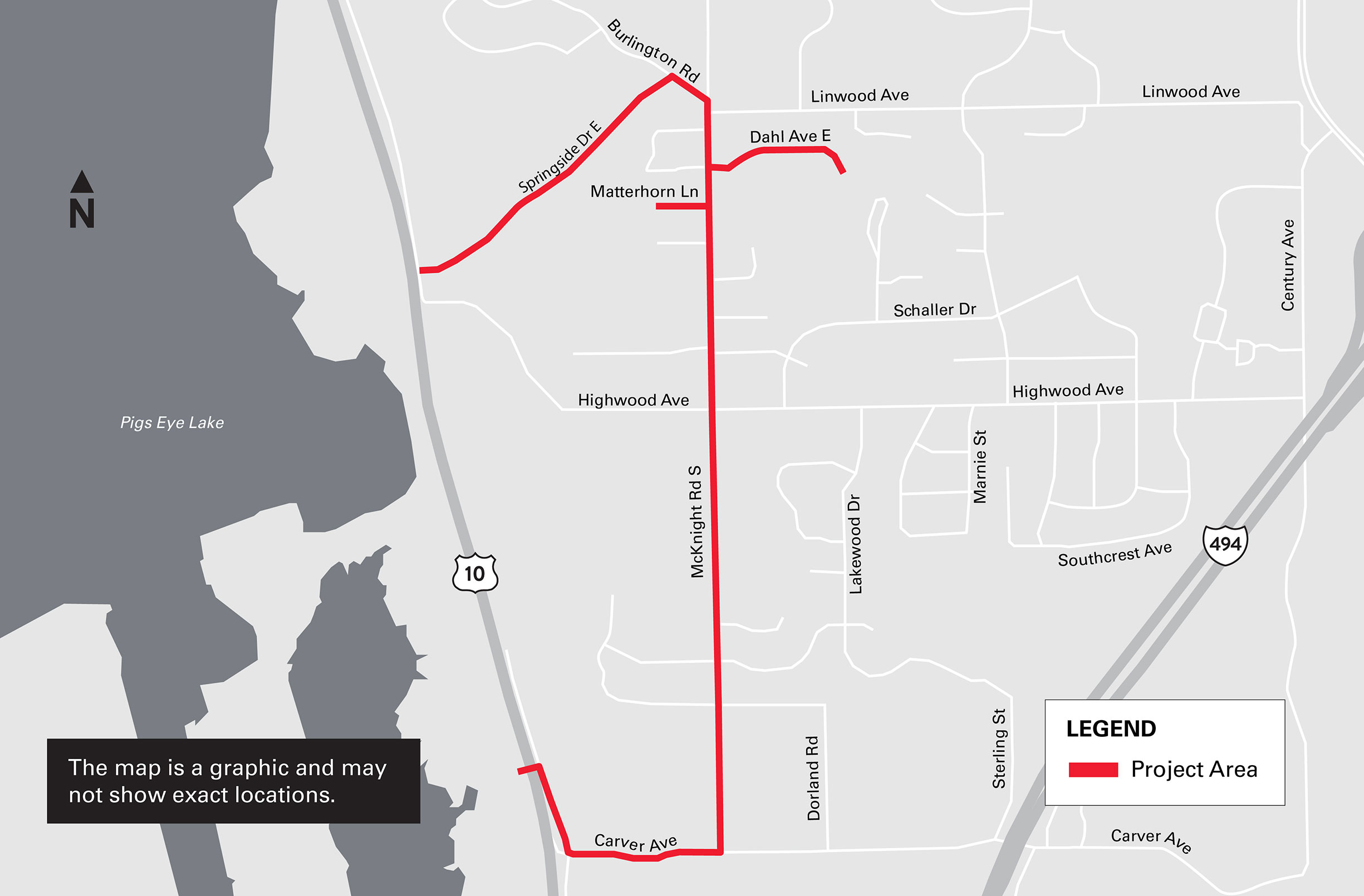 Project area runs east from US 10 alongside Springside Drive East, then south down McKnight Road South, then west alongside Carver Avenue back to US 10, with small sections of Matterhorn Lane and Dahi Avenue East.